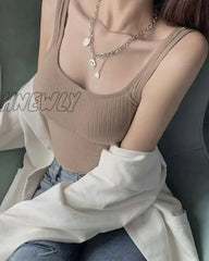 Hnewly Summer Crop Top Women Seamless Square Collar Wide Straps Tank Knitted Striped Camisole Solid