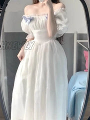 Hnewly Summer Dress France Fairy Sweet Dress Women Vintage Evening Party Midi Dresses Casual