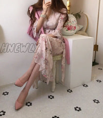 Hnewly Summer Elegant Small Floral Women Dress Was Thin V-Neck Lace-Up Maxi Dresses Waist Puff