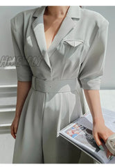 Hnewly Summer Elegant Women Plaid Jumpsuits Ol Work Wide Leg Pants Casual Loose Deep V-Neck Short