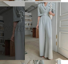 Hnewly Summer Elegant Women Plaid Jumpsuits Ol Work Wide Leg Pants Casual Loose Deep V-Neck Short