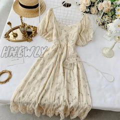 Hnewly Summer Fairy Dress Women French Style Vintage Retro Chiffon Puff Sleeve Casual Elegant