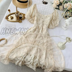 Hnewly Summer Fairy Dress Women French Style Vintage Retro Chiffon Puff Sleeve Casual Elegant