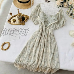 Hnewly Summer Fairy Dress Women French Style Vintage Retro Chiffon Puff Sleeve Casual Elegant