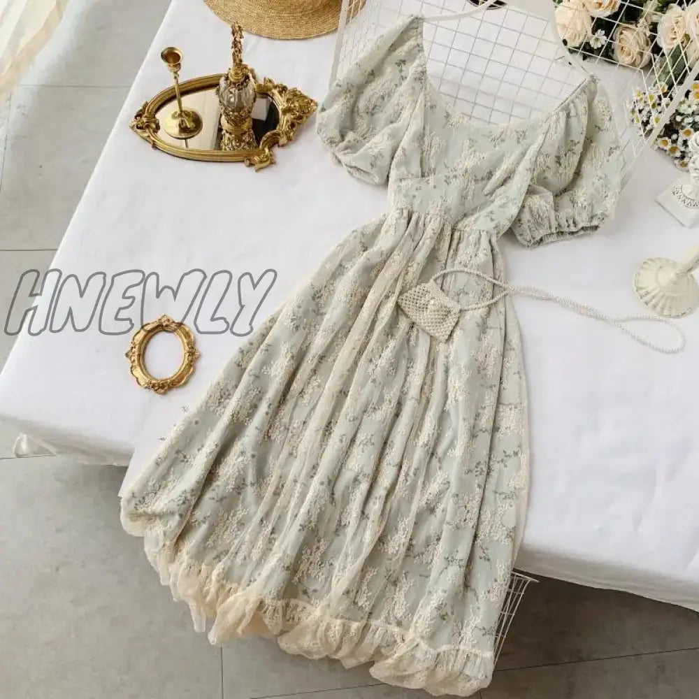Hnewly Summer Fairy Dress Women French Style Vintage Retro Chiffon Puff Sleeve Casual Elegant