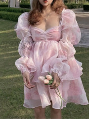 Hnewly Summer Fairy Princess Puff Sleeve Long-Sleeved Party Dress Temperament Fashionable Mesh