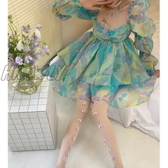 Hnewly Summer Fairy Princess Puff Sleeve Long-Sleeved Party Dress Temperament Fashionable Mesh