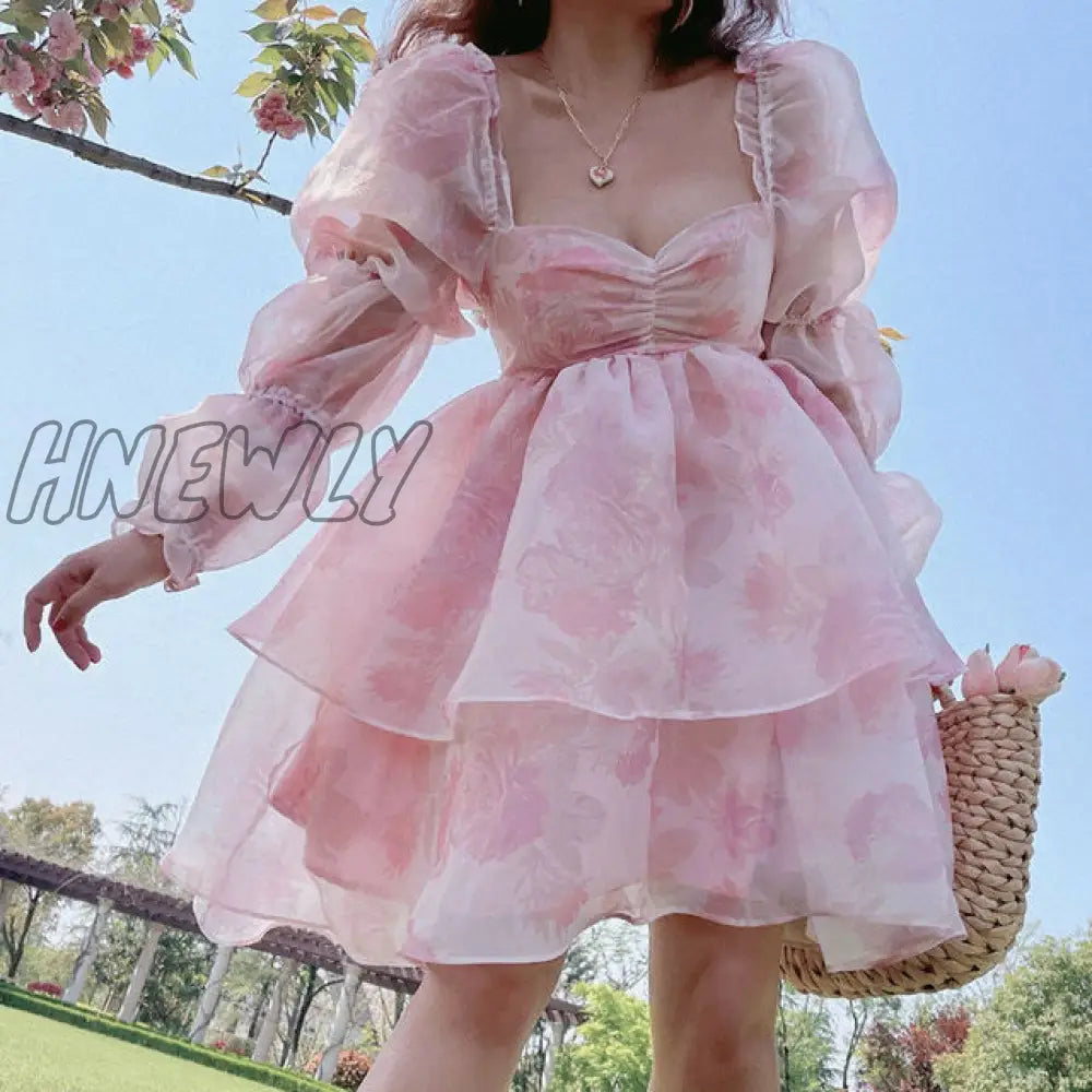 Hnewly Summer Fairy Princess Puff Sleeve Long-Sleeved Party Dress Temperament Fashionable Mesh
