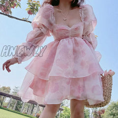 Hnewly Summer Fairy Princess Puff Sleeve Long-Sleeved Party Dress Temperament Fashionable Mesh