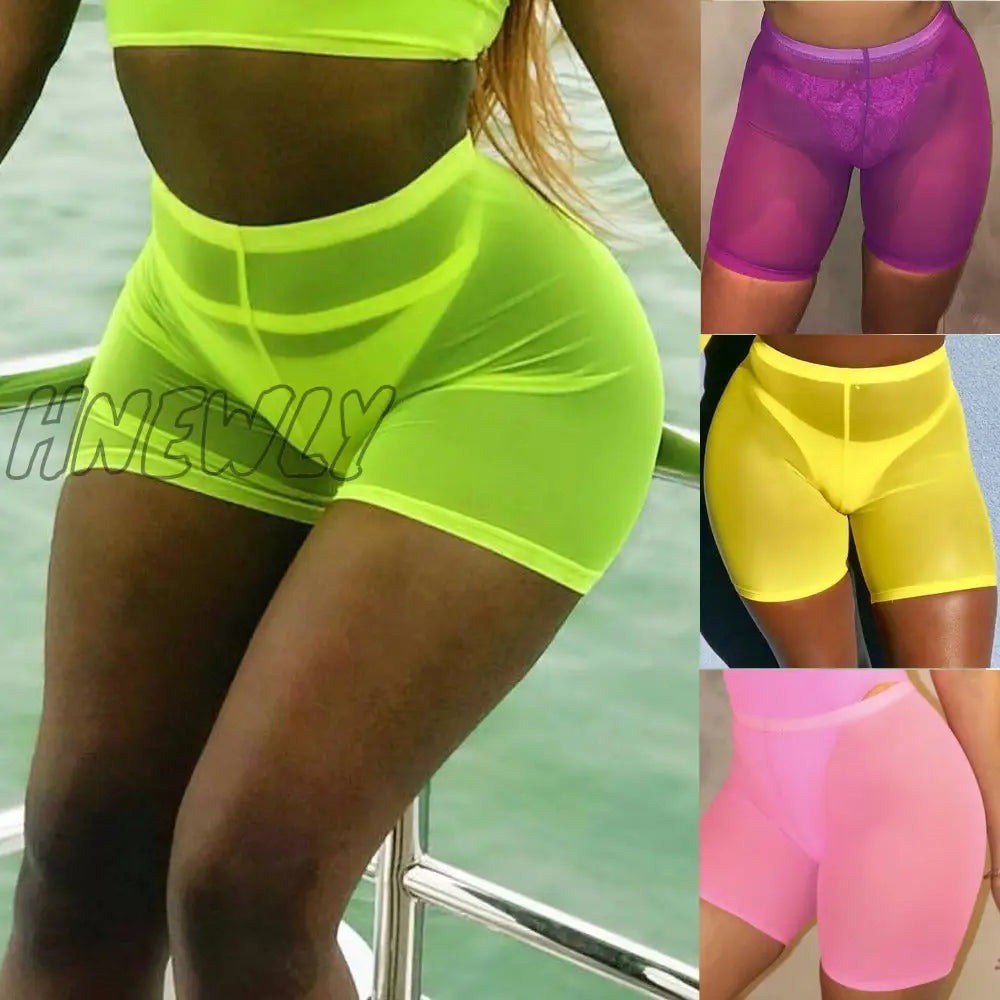 Hnewly Summer Fashion Yellow Mesh Transaparent Sexy Women Casual Shorts Ladies High Waist