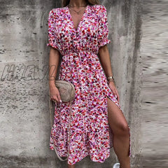 Hnewly Summer Floral Print Dress Women V Neck Side Slit Long Elegant Short Sleeve Button Slim