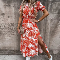 Hnewly Summer Floral Print Dress Women V Neck Side Slit Long Elegant Short Sleeve Button Slim
