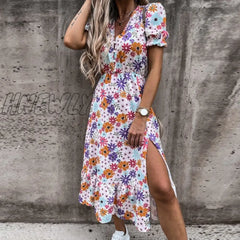 Hnewly Summer Floral Print Dress Women V Neck Side Slit Long Elegant Short Sleeve Button Slim