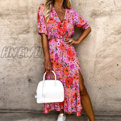 Hnewly Summer Floral Print Dress Women V Neck Side Slit Long Elegant Short Sleeve Button Slim