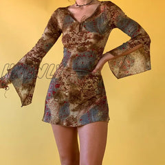 Hnewly Summer Floral Print Flare Long Sleeve Mini Dress Casual Vintage Grunge Short Ladies Split