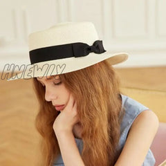 Hnewly Summer Hats For Women Sun Hat Beach Ladies Fashion Flat Brom Bowknot Panama Lady Casual Straw