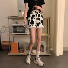 Hnewly Summer High Waist Thin Cow Print Shorts Women A-Line Wide Leg Casual Sweet Cool New