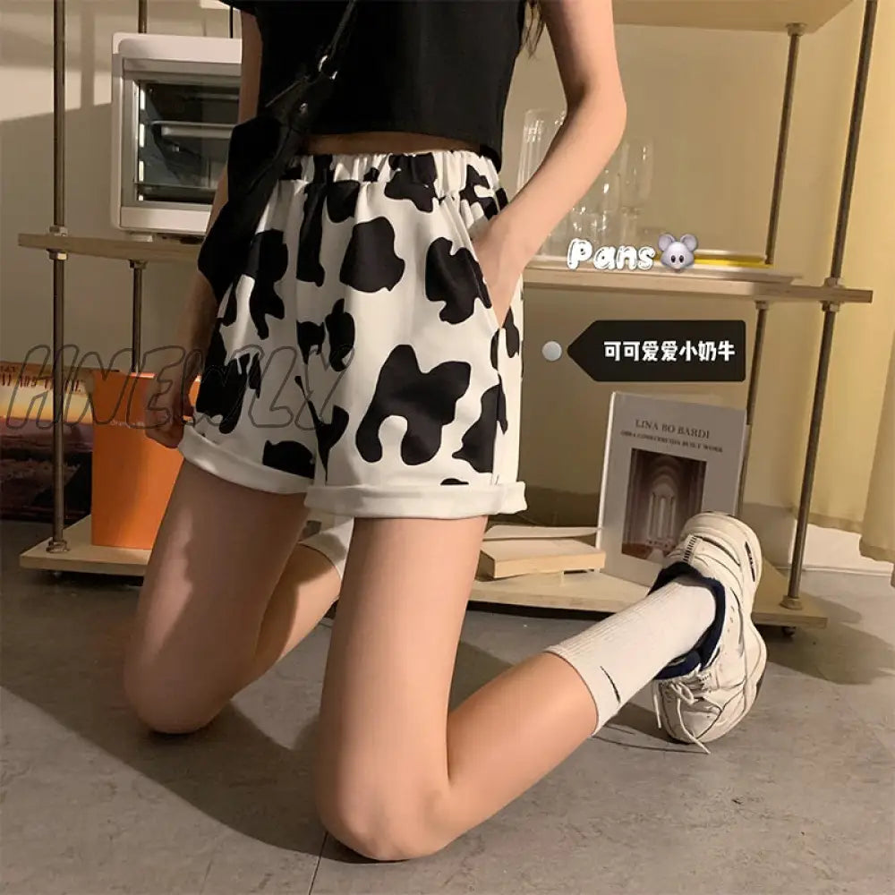 Hnewly Summer High Waist Thin Cow Print Shorts Women A-Line Wide Leg Casual Sweet Cool New