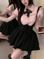 Hnewly Summer Kawaii Sweet Two Piece Set Women Korean Style Y2K Party Skirts Suit Female Pink Puff