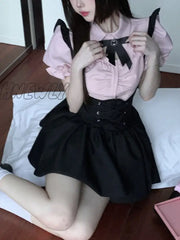 Hnewly Summer Kawaii Sweet Two Piece Set Women Korean Style Y2K Party Skirts Suit Female Pink Puff