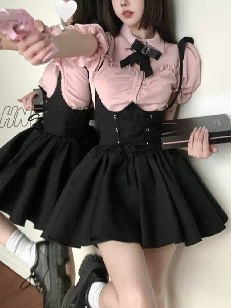 Hnewly Summer Kawaii Sweet Two Piece Set Women Korean Style Y2K Party Skirts Suit Female Pink Puff