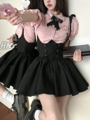 Hnewly Summer Kawaii Sweet Two Piece Set Women Korean Style Y2K Party Skirts Suit Female Pink Puff