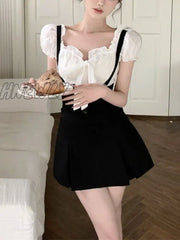 Hnewly Summer Korean Fashion 2 Piece Dress Set Woman Short Sleeve Y2K Crop Tops Elegant Slim Black