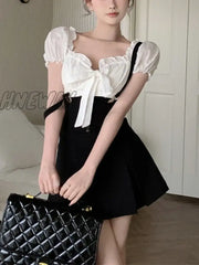 Hnewly Summer Korean Fashion 2 Piece Dress Set Woman Short Sleeve Y2K Crop Tops Elegant Slim Black