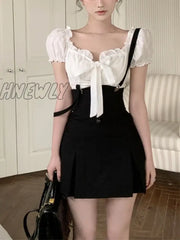 Summer Korean Fashion 2 Piece Dress Set Woman Short Sleeve Y2k Crop Tops Elegant Slim Black Mini Skirt High Waist Female