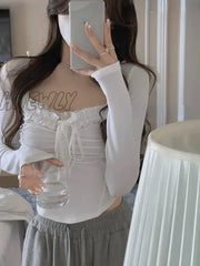 Hnewly Summer Lace Y2K Basic Crop Tops Women Pure Color Slim Korean T-Shirt Fashion Office Lady