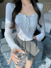 Hnewly Summer Lace Y2K Basic Crop Tops Women Pure Color Slim Korean T-Shirt Fashion Office Lady