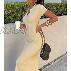 Hnewly Summer Midi Dress Women Black Lapel Knitted Split Robe Sexy Backless Short Sleeve Basic