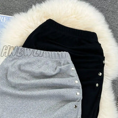 Hnewly Summer Mini Cotton Skirt Women Elastic Waist Sexy Solid Black Grey Folds Split Skirts