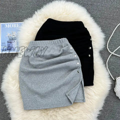 Hnewly Summer Mini Cotton Skirt Women Elastic Waist Sexy Solid Black Grey Folds Split Skirts