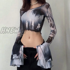 Hnewly Summer New 2024 Printed Round Neck Pullover Mesh Sheer T-Shirt Long Flare Sleeve Slim Fit