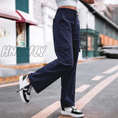 Hnewly Summer New Casual Cargo Pants Women’s Cotton High Waist Wide Leg 2024 Female Elastic