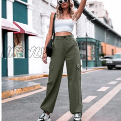 Hnewly Summer New Casual Cargo Pants Women’s Cotton High Waist Wide Leg 2024 Female Elastic