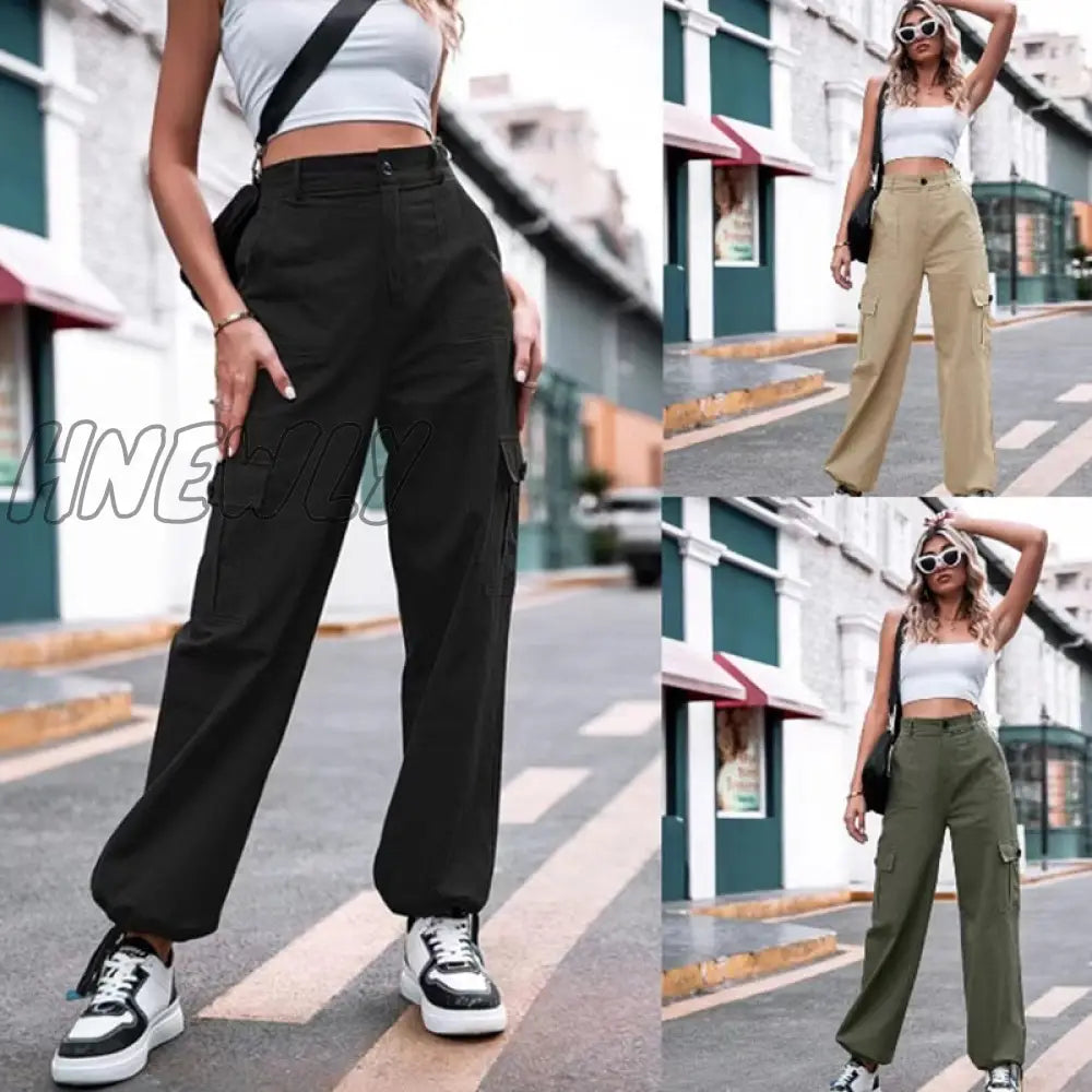 Hnewly Summer New Casual Cargo Pants Women’s Cotton High Waist Wide Leg 2024 Female Elastic
