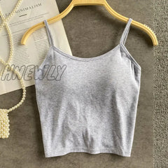 Hnewly Summer New Crop Tops Sexy Spaghetti Strap Tanke Top Women Built In Bra Off Shoulder Solid