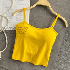 Hnewly Summer New Crop Tops Sexy Spaghetti Strap Tanke Top Women Built In Bra Off Shoulder Solid