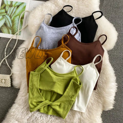 Hnewly Summer New Crop Tops Sexy Spaghetti Strap Tanke Top Women Built In Bra Off Shoulder Solid