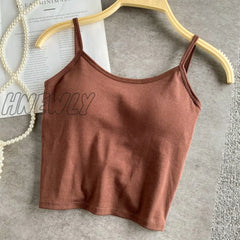Hnewly Summer New Crop Tops Sexy Spaghetti Strap Tanke Top Women Built In Bra Off Shoulder Solid