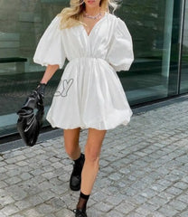 Hnewly Summer New Cross V-Neck Puff Sleeve Flower Bud Dress Elasitc High Waist Commuter Slim Half