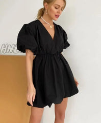 Hnewly Summer New Cross V-Neck Puff Sleeve Flower Bud Dress Elasitc High Waist Commuter Slim Half