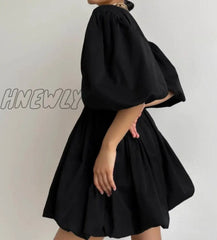 Hnewly Summer New Cross V-Neck Puff Sleeve Flower Bud Dress Elasitc High Waist Commuter Slim Half