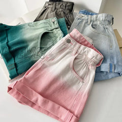 Hnewly Summer New Denim Shorts Women’s High Waist A-Line Version Slimming Gradual Color Changing