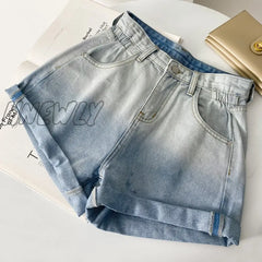 Hnewly Summer New Denim Shorts Women’s High Waist A-Line Version Slimming Gradual Color Changing