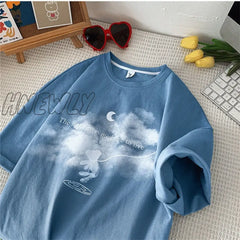 Hnewly Summer New Japanese Printing Cloud Moon Bear Letter Short-Sleeved T-Shirt Female Ins