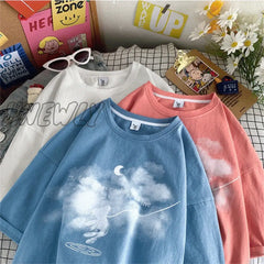 Hnewly Summer New Japanese Printing Cloud Moon Bear Letter Short-Sleeved T-Shirt Female Ins