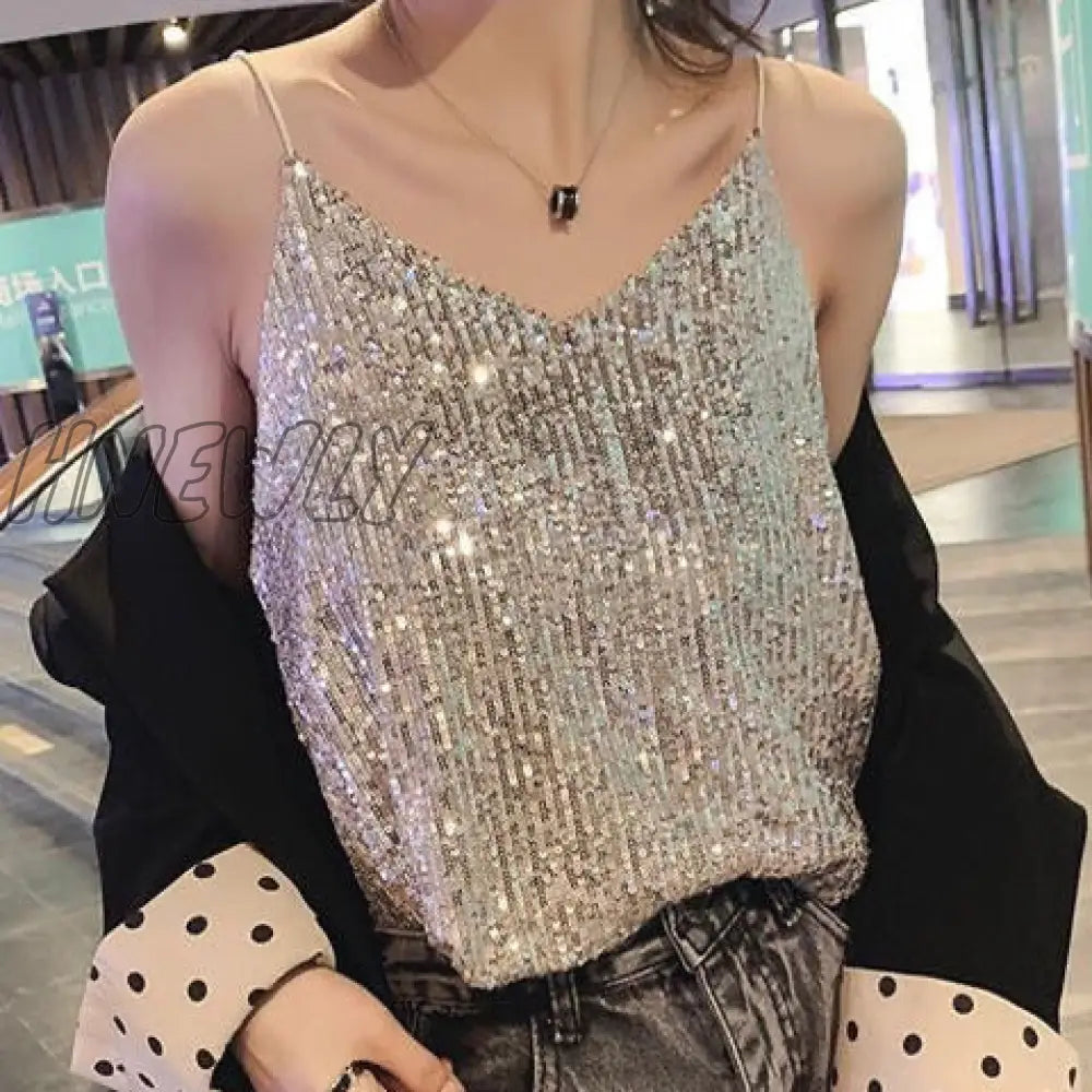 Hnewly Summer New Sexy Glittering Sequin V-Neck Sling Vest Women’s Short Loose Tops Outerwear